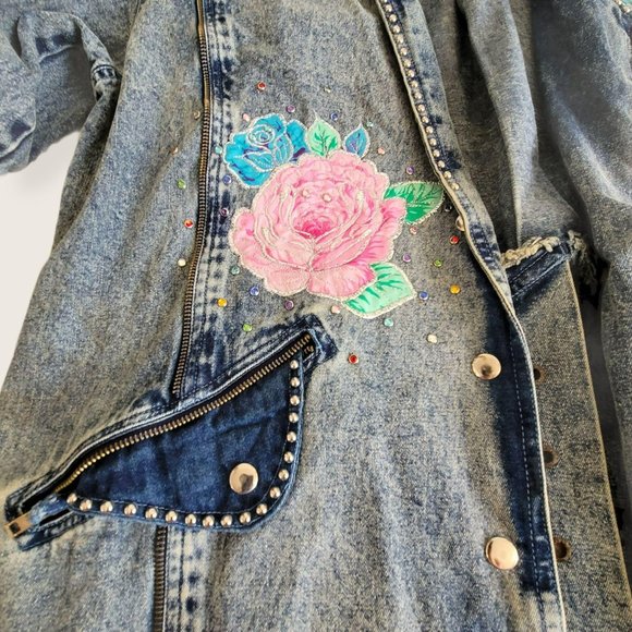Vintage Embroidered Long Denim Jacket Blazer Zip Accent Woman's Size XL LH8009 - Picture 13 of 14